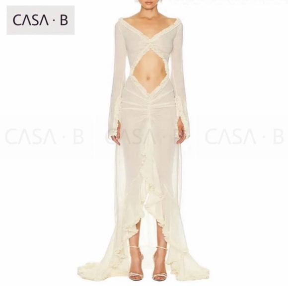 NEW💫to CASA B|“Glamour de Cannes” Mesh Cut-Out Frill Sheer Long Sleeve Lux Gown - Picture 1 of 16